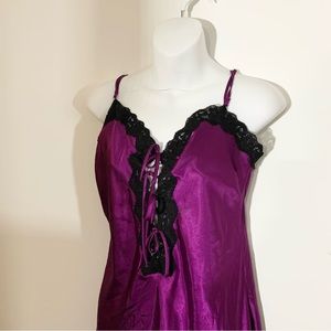 La Vie En Rose purple with black lace accent tie front silky slip dress